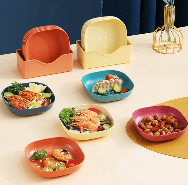 Set of 10 plastic plates with storage stand