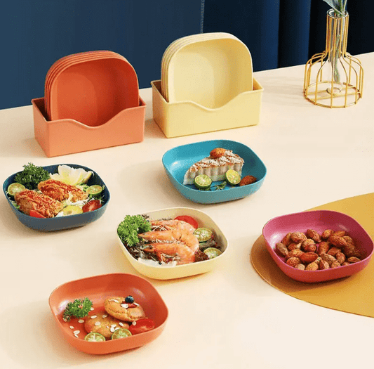 Set of 10 plastic plates with storage stand